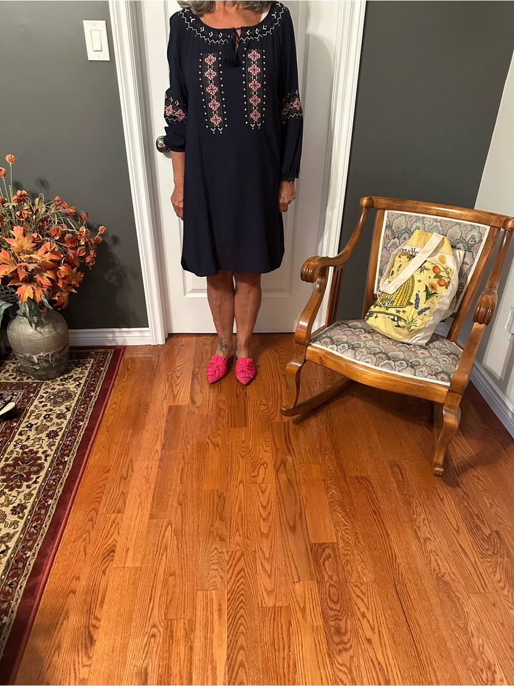 Navy Embroidered Boho Tunic Dress with Pink Accents